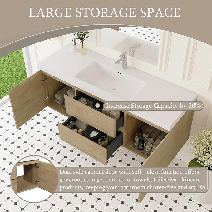 60 Inch Floating Bathroom Vanity with Sink, Large Storage Wall Mounted Floating Vanity with Soft Close Drawers, One-Piece Basin Bathroom Sink Cabinet (Natural Oak, 60")