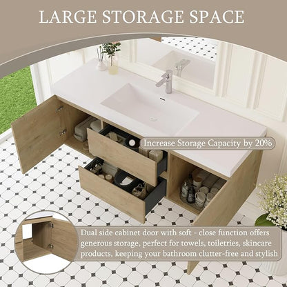 60 Inch Floating Bathroom Vanity with Sink, Large Storage Wall Mounted Floating Vanity with Soft Close Drawers, One-Piece Basin Bathroom Sink Cabinet (Natural Oak, 60")