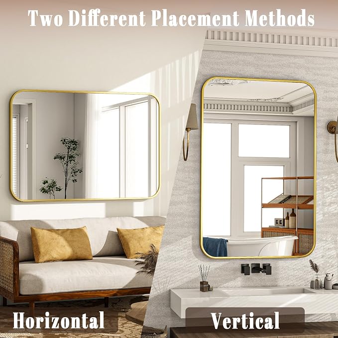 30x48 Inch Gold Bathroom Vanity Mirror for Over Sink | Rectangle Wall Mirror for Bathroom with Round Corner, Hangs Horizontally Vertically for Living Room, Bedroom as Home Decor