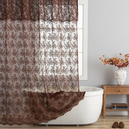 TUDECO Lace Brown Shower Curtain with Attached Valance, 72 x 72 Inch | Chocolate Brown, Cottagecore, Floral Pattern, Autumn Cozy Bathroom Decor, Scalloped Edges, Soft Light, Semi- Privacy