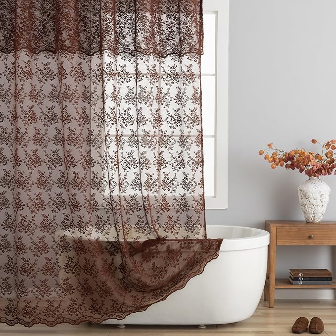 TUDECO Extra Long Brown Lace Shower Curtain for Bathroom, 72W x 84L Inch | Dark Chocolate Brown, Cottagecore Floral, Attached Valance, Autumn Cozy Decor, Scalloped Edges, Reinforced Holes