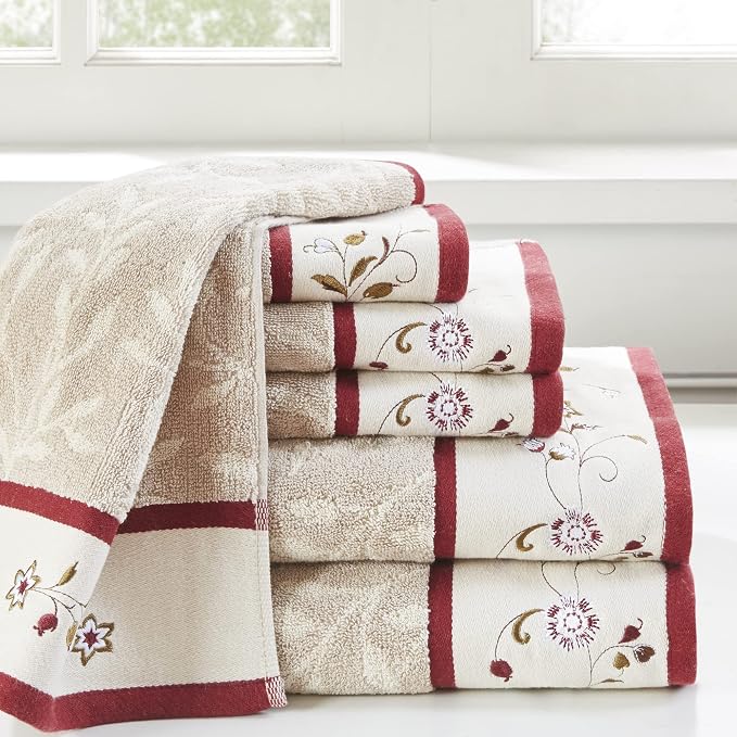 Madison Park Serene 100% Cotton Bath Towel Set Luxurious Floral Decorative Towels for Bathroom Embroidered Cotton Jacquard Design Soft Highly Absorbent for Shower 600 GSM, Multi-Sizes, Red 6 Piece | Luxurious Floral Decorative Towels for Bathroom, Embr...