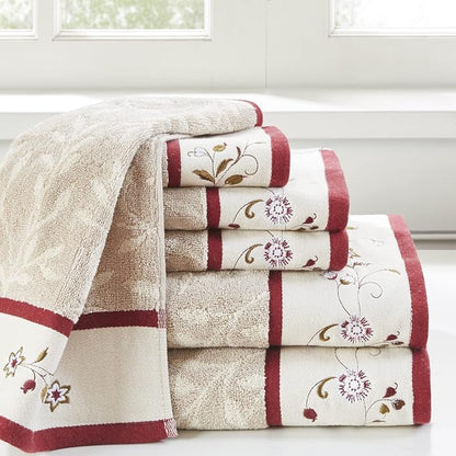 Madison Park Serene 100% Cotton Bath Towel Set Luxurious Floral Decorative Towels for Bathroom Embroidered Cotton Jacquard Design Soft Highly Absorbent for Shower 600 GSM, Multi-Sizes, Red 6 Piece | Luxurious Floral Decorative Towels for Bathroom, Embr...