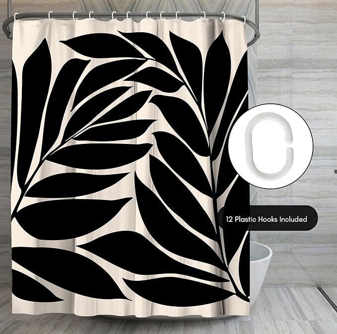 Americanflat 71x74 Botanical Shower Curtain - Water-Resistant Long Shower Curtain with Durable Metal Grommets and 12 Hooks - 100% Polyester - Black and Ivory