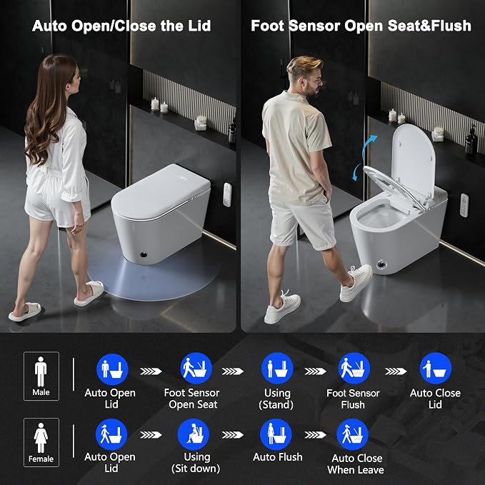 Luxury Smart Toilet with Heated Seat & Instant Warm Water | Remote Control Bidet,Hidden Foam Shield,Air Purification,One Piece Tankless Toilet with ADA Comfort Height,LED Display