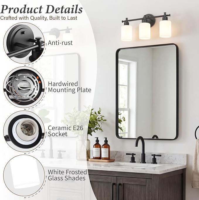 3 Light Black Bathroom Vanity Light Fixture Over Mirror, 17.5'' | Vanity Lights for Bathroom, Bedroom, Living Room, White Frosted Glass Shades, Modern, E26(Bulbs Not Included)