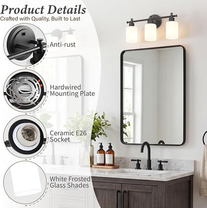 3 Light Black Bathroom Vanity Light Fixture Over Mirror, 17.5'' | Vanity Lights for Bathroom, Bedroom, Living Room, White Frosted Glass Shades, Modern, E26(Bulbs Not Included)