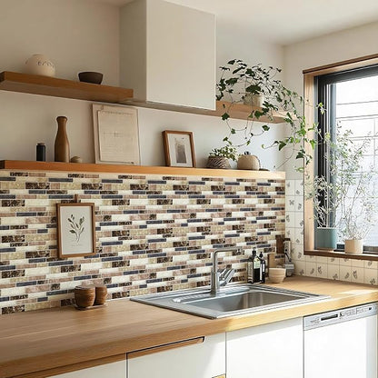 10 Sheets Peel and Stick Backsplash, Peel and Stick Tiles, Marble Look Wall Tiles Backsplash for Kitchen and Bathroom, Livingroom, 12"x12", Brown
