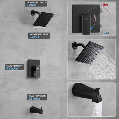 Matte Black Tub Shower Faucet Set, 6" Rain Head with Valve Included | Matte black shower kit with valve & tub spout. Single handle control, 6in rain head, durable matte finish for bathroom decor.