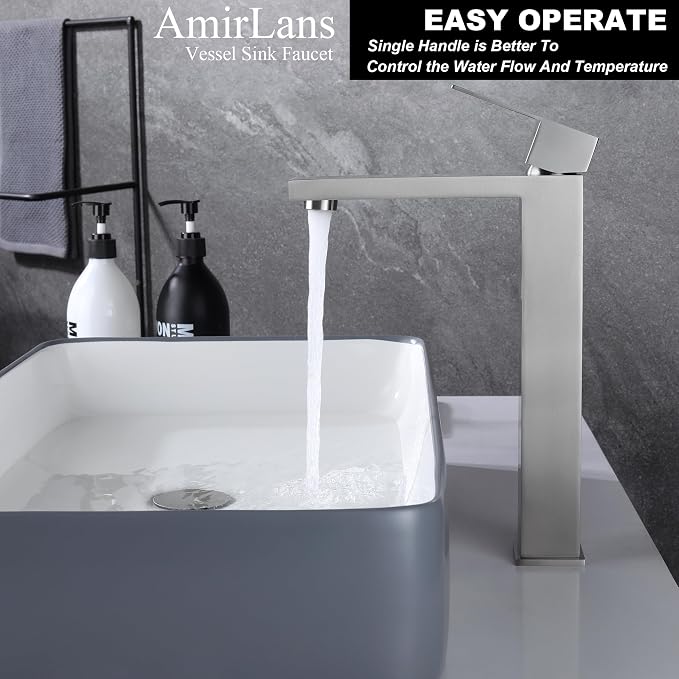 Brushed Nickel Vessel Sink Faucet, Tall Bathroom Faucet 1 Hole | Stainless Steel Single Hole Bathroom Sink Faucet, Tall Vanity Faucet with Pop Up Drain