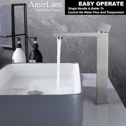 Brushed Nickel Vessel Sink Faucet, Tall Bathroom Faucet 1 Hole | Stainless Steel Single Hole Bathroom Sink Faucet, Tall Vanity Faucet with Pop Up Drain