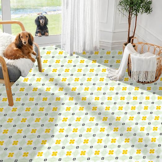 Yellow Flower Geometric Peel and Stick Floor Tiles 12x12 Inch 10PCS | Yellow flower and pale green geometric pattern vinyl floor stickers for kitchen bathroom entryway and indoor home decor