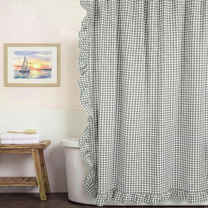 HunnmingRe Ruffled Gingham Shower Curtain Sage Green | 72'' x 72'' Vintage Farmhouse Curtain, Cotton Cottage Core Rural Checkered Plaid Decor, Fall Shower Curtain for Bathroom
