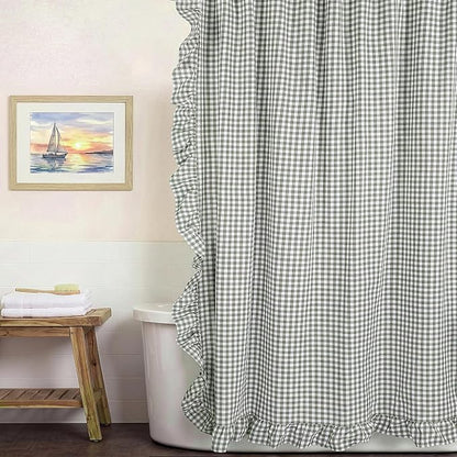HunnmingRe Ruffled Gingham Shower Curtain Sage Green | 72'' x 72'' Vintage Farmhouse Curtain, Cotton Cottage Core Rural Checkered Plaid Decor, Fall Shower Curtain for Bathroom