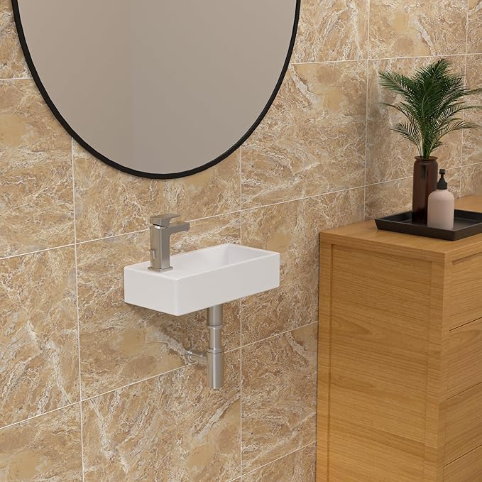 Sarlai Floating Vessel Sink - 15"x7" Wall Hang Small Bathroom Sinks Modern Rectangle Floating White Porcelain Ceramic Garden Wash Hand Sink, Left Hand