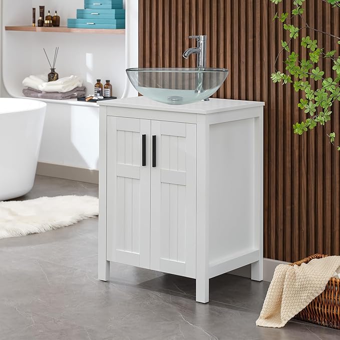 UEV White 24" Bathroom Vanity with Sink Combo,Modern Vanity with Vessel Sink,Stylish Bathroom Vanity Cabinet,Grooved Doors & Metal Handles,Modern Glass Round Bowl Tempered Glass Vessel Sink(A16)