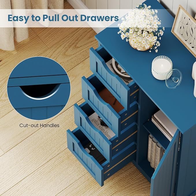 Giantex Bathroom Cabinet, Freestanding Storage Cabinet with 1 Door & 4 Drawers, 3-Level Adjustable Shelf, Anti-toppling System, Modern Storage Organizer for Bathroom, Living Room, Kitchen (Blue)