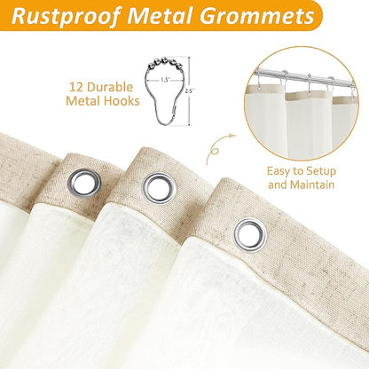 Extra Long Linen Shower Curtain 84 Inch Birch Beige Double Layer | 7ft,Curtains with Hook for Bathroom, Snap in Liner, Water Repellent, Boho Farmhouse, Modern Bath Decor, 1 Panel, 72x84