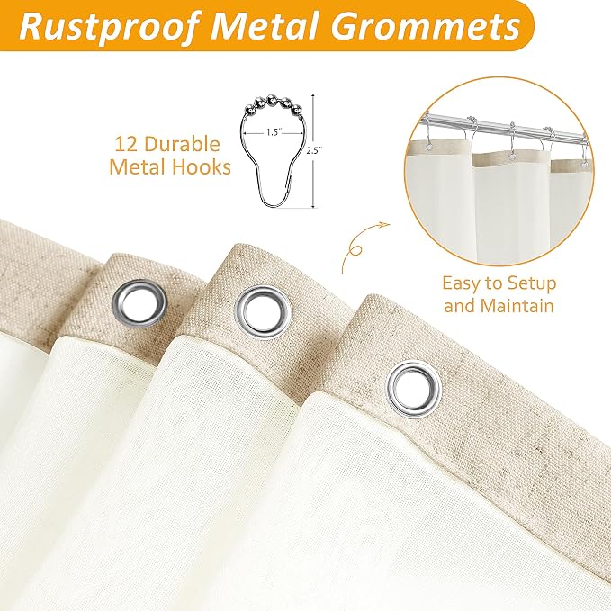 Linen Shower Curtain 78 Inch for Bathroom Birch Beige Double Layer | Curtains with Hook for Bathroom, Snap in Liner, Water Repellent, Boho Farmhouse, Modern Bath Decor, 1 Panel, 72x78