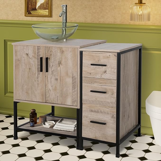 UEV 36" Bathroom Vanity, Oak Color Bathroom Vanity Set with Sink and 3 Drawers Side Cabinet Combo, with Adjustable Water Temperature Faucet (A16)