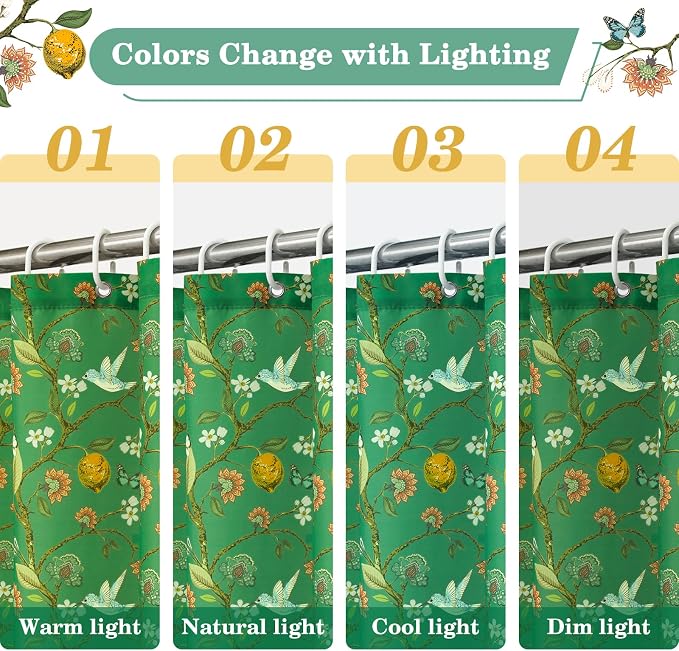 Green Floral Bird Shower Curtain 72x72, Hummingbird and Lemon Botanical Fabric Bath Curtains, Lightweight Quick-Dry Bathroom Decor Set with Hooks, Deep Green