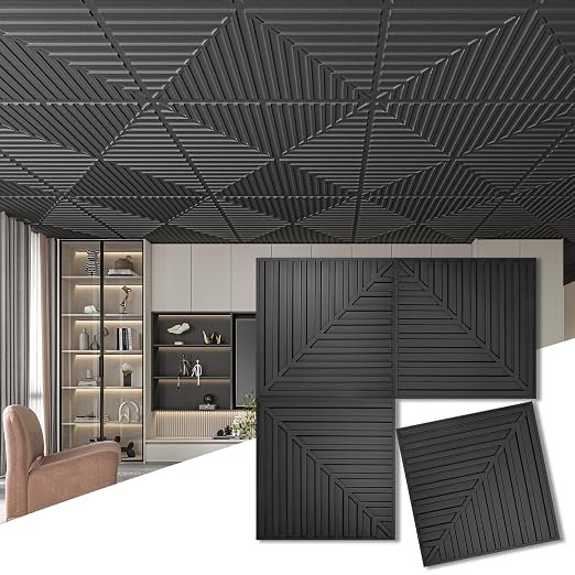 Art3d 12-Pack 2 x 2 ft 3D Textured Drop Ceiling Tiles, 24 x 24 in, Black | PVC, Lightweight, No Sag and Breakage, Compatible with Grid System, Perfect for Basement, Kitchen & Bathroom