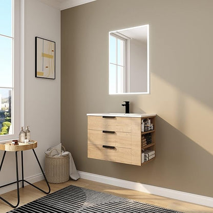 30" Bathroom Vanity with Sink, Floating Bathroom Vanity,Modern Vanity Bathroom,Wall-Mounted Bathroom Vanity with Top Basin & Storage Cabinet,Brown, 3 Drawers&3 Shelves