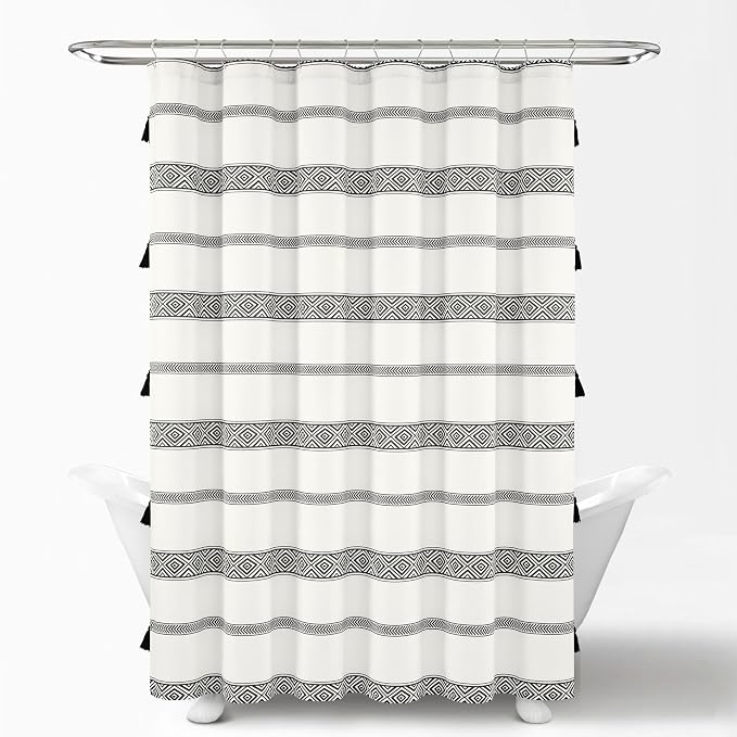 Lush Decor Ava Boho Stripe Tassel Cotton Blend Shower Curtain Single 72" W x 72" L Black & White - Striped Shower Curtains for Bathroom Curtain