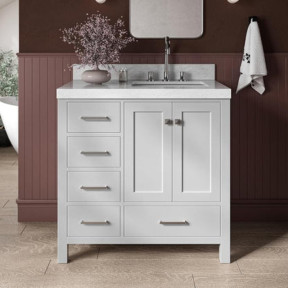 ARIEL Cambridge 36-inch Bathroom Vanity with Sink,Solid Wood, 2-inch Italian Carrara Marble Countertop, Single Rectangular Porcelain Sink, 2 Soft Closing Doors, 5 Dovetail Drawers, Grey