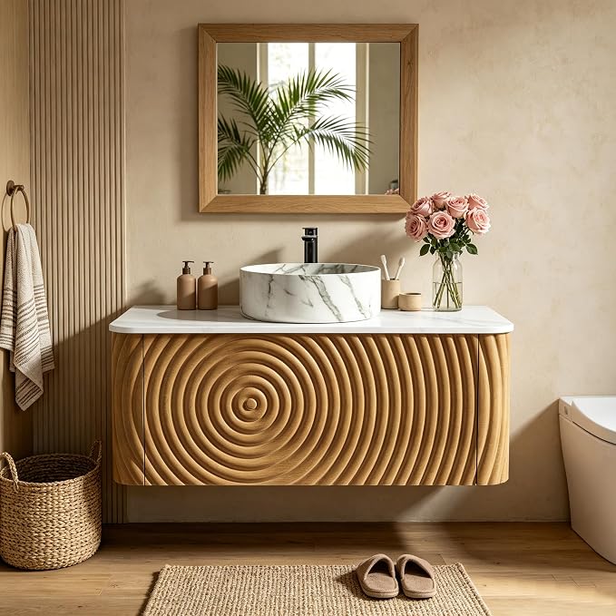 36" Floating Bathroom Vanity with Sink, Mid-Century Wall Mounted Bathroom Vanity Cabinet with Waved Decor, Marble Ceramic Basin, Sintered Stone Top, Soft Close Storage Drawer, Natural
