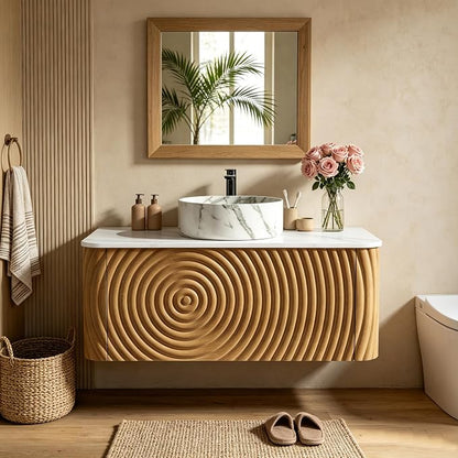 36" Floating Bathroom Vanity with Sink, Mid-Century Wall Mounted Bathroom Vanity Cabinet with Waved Decor, Marble Ceramic Basin, Sintered Stone Top, Soft Close Storage Drawer, Natural