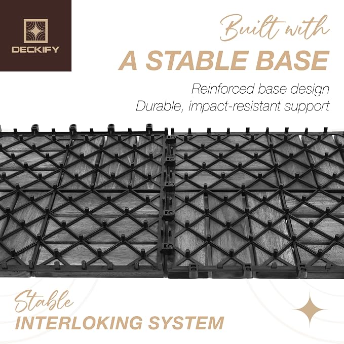 Acacia Interlocking Deck Tiles Outdoor Waterproof All Weather Grey Crossed | Raised Drainage Base, 12x12 In, Trimmable, Oil-Rubbed Finish, No Tools or Sealant Required, Weather-Resistant, Washable