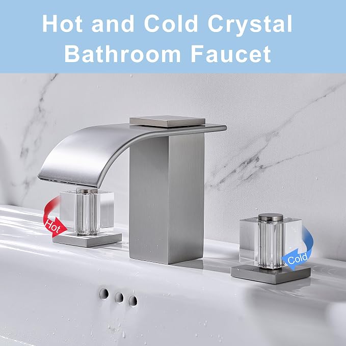 Brushed Nickel Waterfall Bathroom Faucet, 3 Hole Widespread Bathroom Sink Faucet with Crystal Handles, Modern 2 Handle Deck Mount Vanity Lavatory Faucet