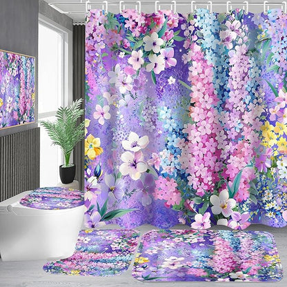 4-Piece Purple Floral Shower Curtain Cute Colorful Flower Bathroom Set with Shower Curtain and Rugs, Pretty Funky Watercolor Cloth Bath Set with Hooks for Farmhouse Home Decor