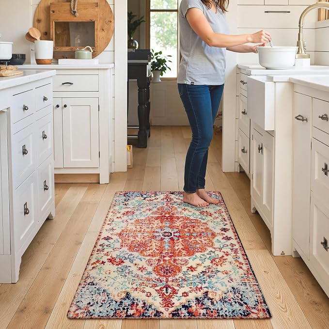 Lahome Bohemian Floral Medallion Area Rug - 3x5 Bedroom Rug Soft Throw Printed Bathroom Kitchen Entry Foyer Mat, Vintage Non-Slip Washable Carpet for Front Door Laundry Room Bath Office, Orange