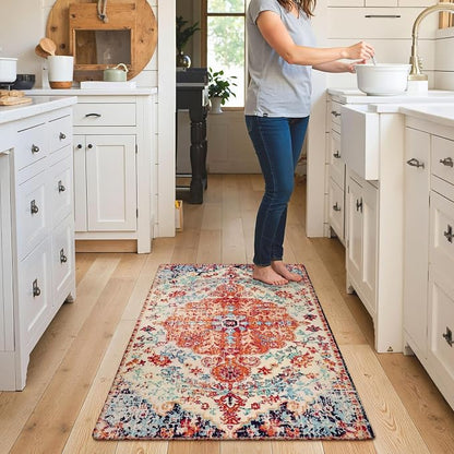 Lahome Bohemian Floral Medallion Area Rug - 3x5 Bedroom Rug Soft Throw Printed Bathroom Kitchen Entry Foyer Mat, Vintage Non-Slip Washable Carpet for Front Door Laundry Room Bath Office, Orange