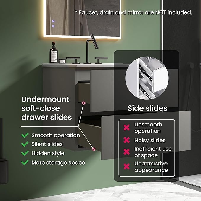 24" Bathroom Vanity with Sink, Modern Floating Vanity with Double Soft Closing Drawers, Large Storage for Small Space, Space Gray, Fully Assembled - Iris Collection