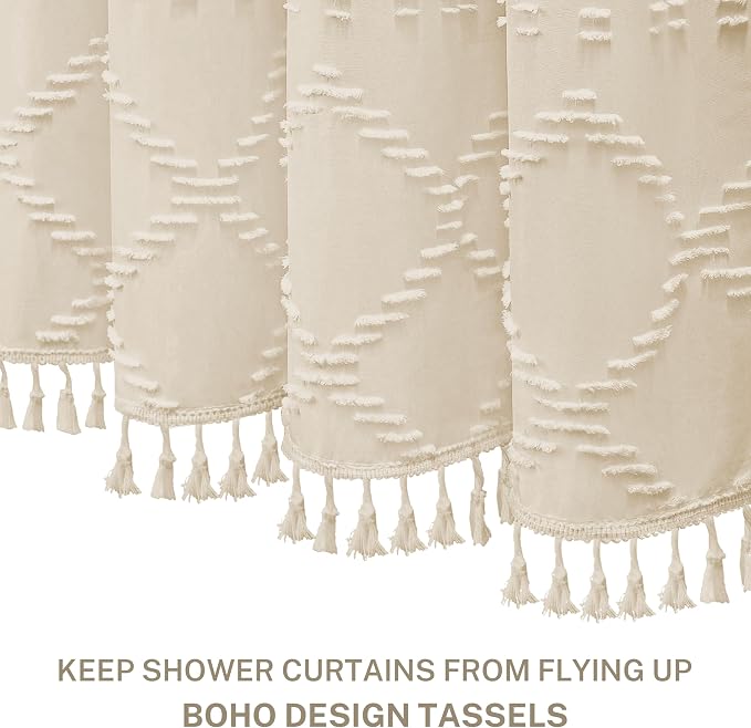 Siiluminisoy Extra Long Cream/Beige Boho Shower Curtain - Woven Fabric Farmhouse 96 Inch, 72 x 96 Tufted Chevron Textured Striped Modern Minimalist Cloth Curtain for Bathroom
