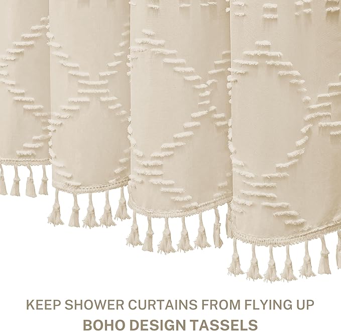 Siiluminisoy Boho Farmhouse Shower Curtain - Woven Fabric Cream/Beige, 60 x 72 Tufted Chevron Textured Striped Modern Minimalist for Bathroom