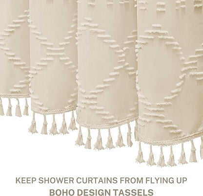 Siiluminisoy Boho Farmhouse Shower Curtain - Woven Fabric Cream/Beige, 60 x 72 Tufted Chevron Textured Striped Modern Minimalist for Bathroom