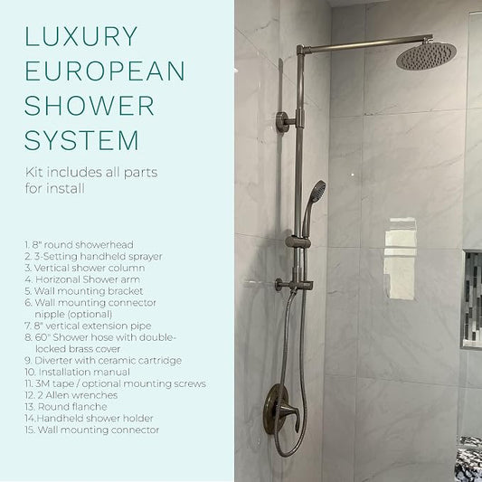 Fennocasa Polaris 3 Retrofit Rain Shower System, 3-Setting Handheld Shower Combo with Slide Bar, 8" Low Profile Shower Head (2.5 GPM Brushed Nickel)