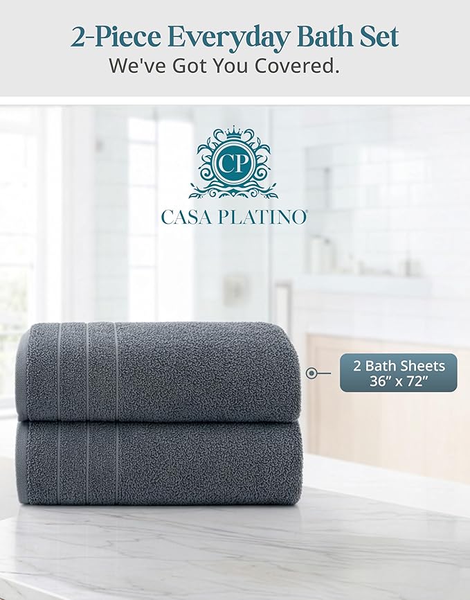Casa Platino 100% Cotton 2 Pack Bath Sheets (36"x72") - Ring Spun, Extra Large Cotton Bath Towels Set - Quick Dry, Soft & Absorbent Oversized Towel Set - Remains Soft after Multiple Washes - Cool Grey