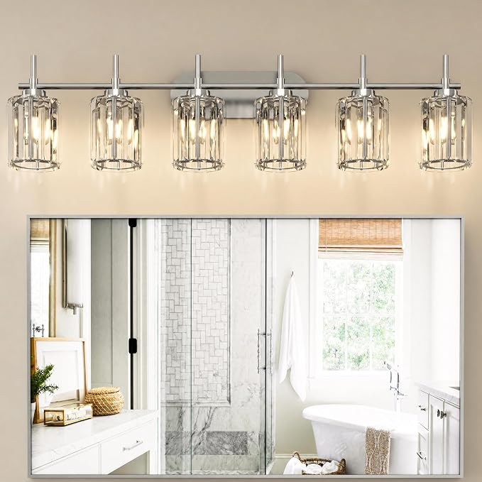 Hasipu Bathroom Vanity Light Fixtures, 6-Light Nickel Vanity Wall Light Bar with Clear Glass Shade, Lighting Fixtures Over Mirror for Bathroom Bedroom Living Room Hallway Cabinet Porch