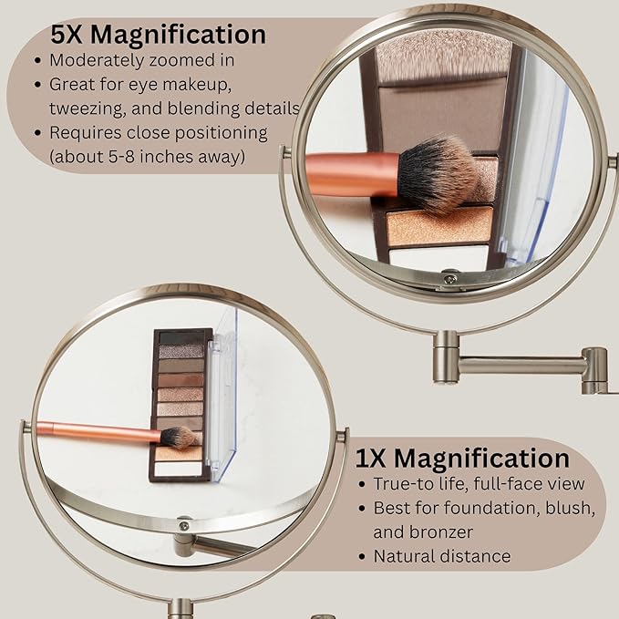 JERDON Wall-Mounted Magnifying Mirror - Bathroom Makeup Mirror with 5X Magnification - 8-Inch Diameter - Nickel Finish - Model JP7506N