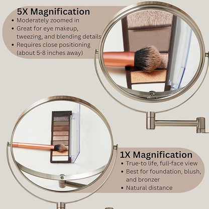 JERDON Wall-Mounted Magnifying Mirror - Bathroom Makeup Mirror with 5X Magnification - 8-Inch Diameter - Nickel Finish - Model JP7506N