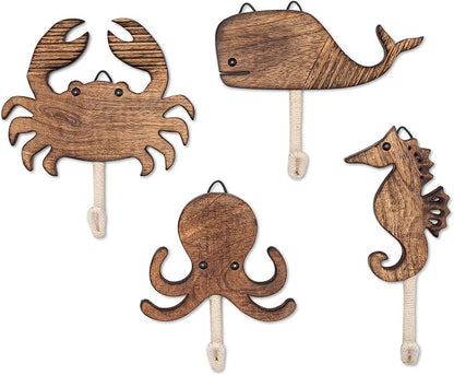 Crane Baby Sea Life Wooden Wall Hooks - Set of 4 Wooden Ocean Nursery Decor Towel Hooks, Brown