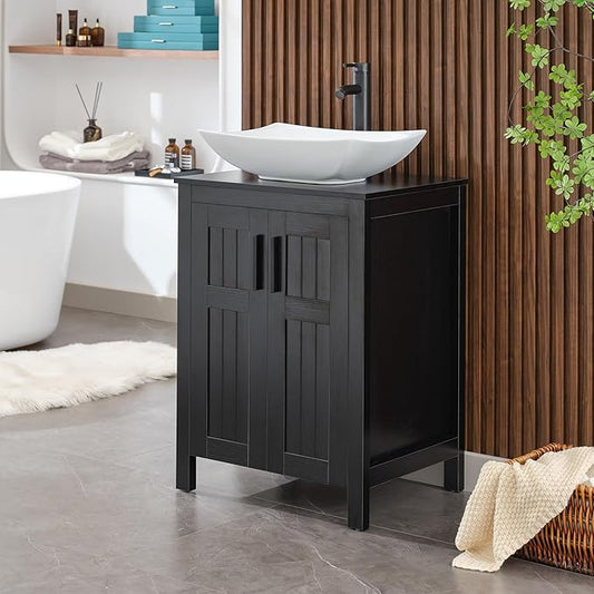 UEV Black 24" Bathroom Vanity with Sink Combo,Modern Freestanding Sink Cabinet,Stylish Bathroom Vanity Cabinet,Grooved Double Doors,Metal Handles,Modern Artistic Ceramic Vessel Sink Combo(032WH New)
