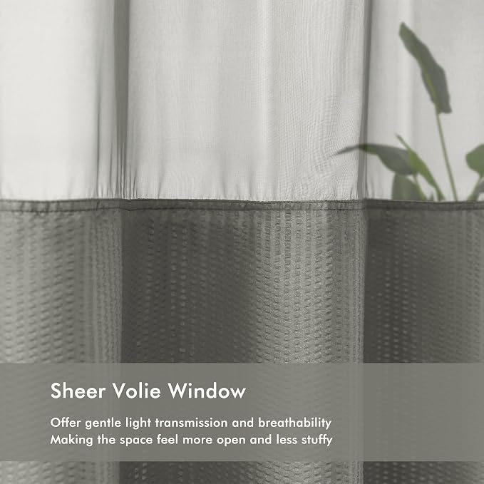 No Hook Gray Shower Curtain with Snap-in Fabric Liner 71x74 | Embossed Waffle-Look Textured, Sheer Window, Soft & Lightweight, Water Repellent Fabric Shower Curtain for Bathroom