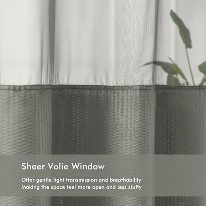 No Hook Gray Shower Curtain with Snap-in Fabric Liner 71x74 | Embossed Waffle-Look Textured, Sheer Window, Soft & Lightweight, Water Repellent Fabric Shower Curtain for Bathroom