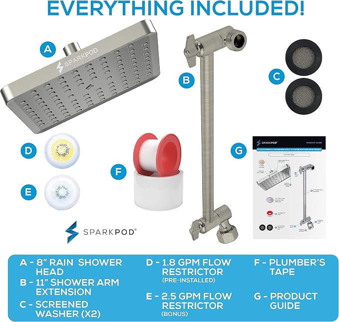 SparkPod 8" Square Rain Shower Head with 11" Shower Arm | Shower Head & Extension Arm Combo, Height Adjustable, High Pressure Performance, Easy 1-Minute Installation, Brushed Nickel